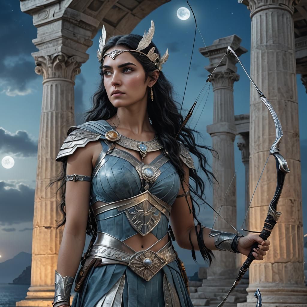 Greek Goddess Artemis in Moonlight: A Digital Portrait