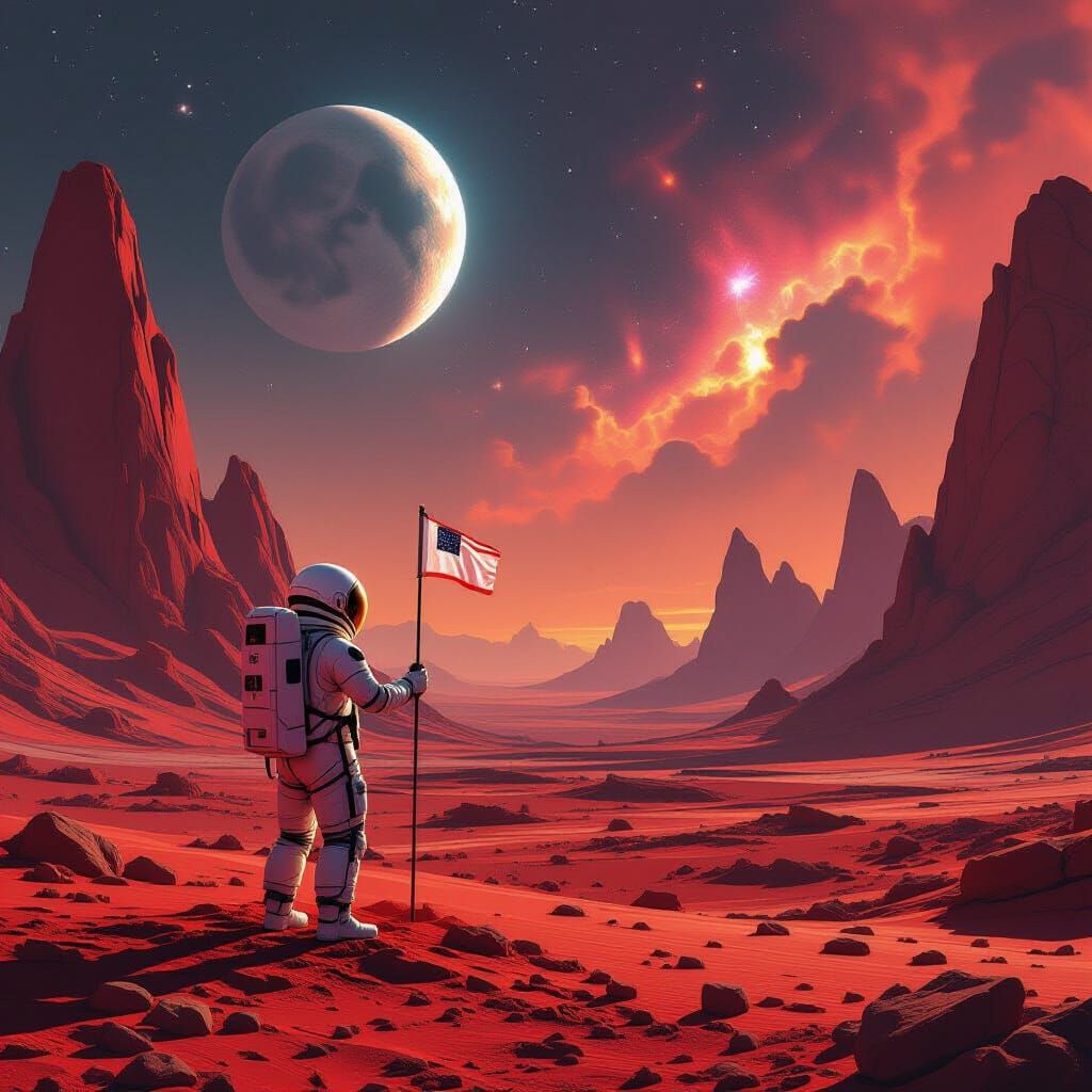 Astronaut Plants Flag on Crimson Alien World