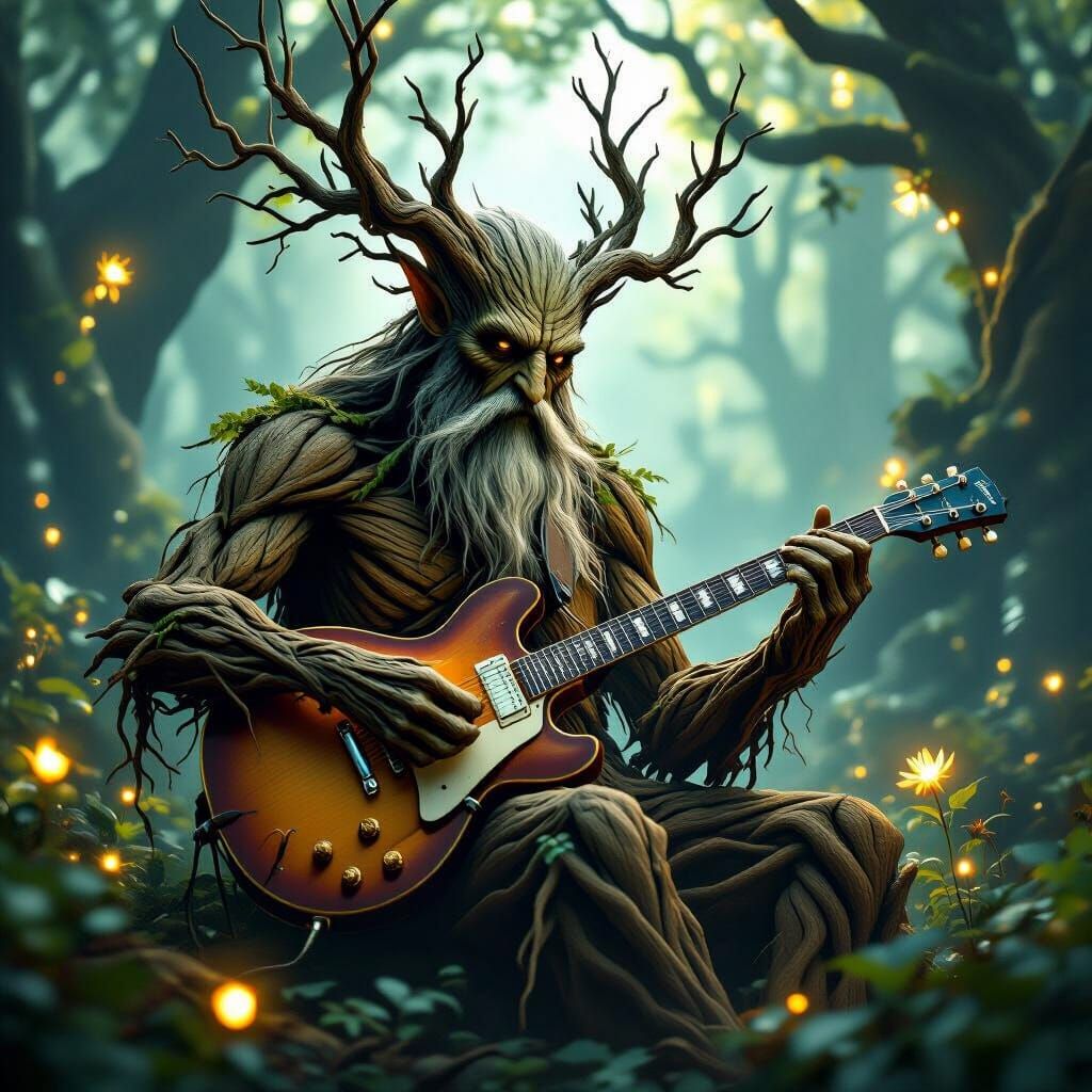 Treant Plays Guitar in Enchanted Forest, Dark Fantasy Art