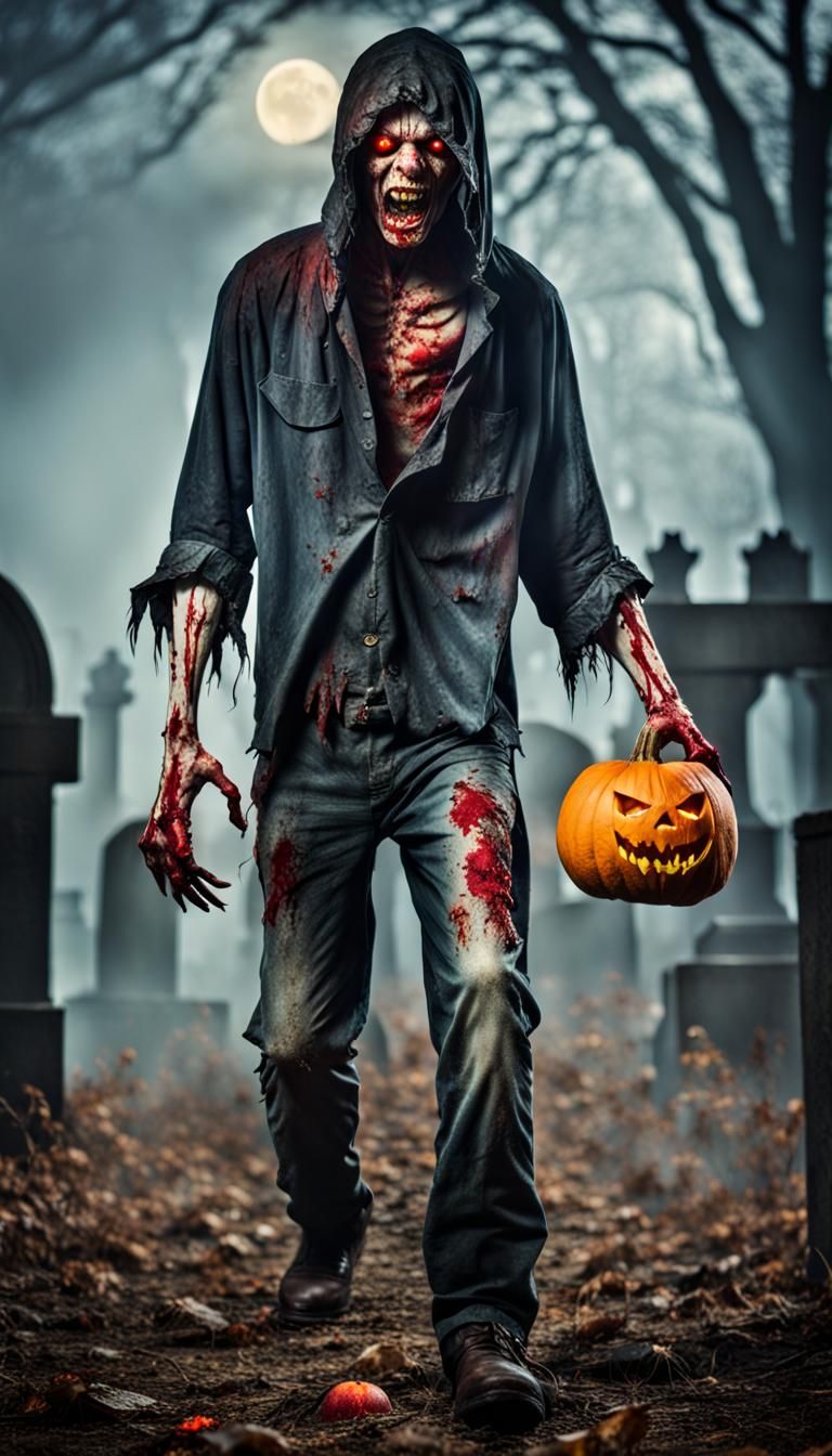 Terrifying Pumpkin Head Zombie in Misty Graveyard