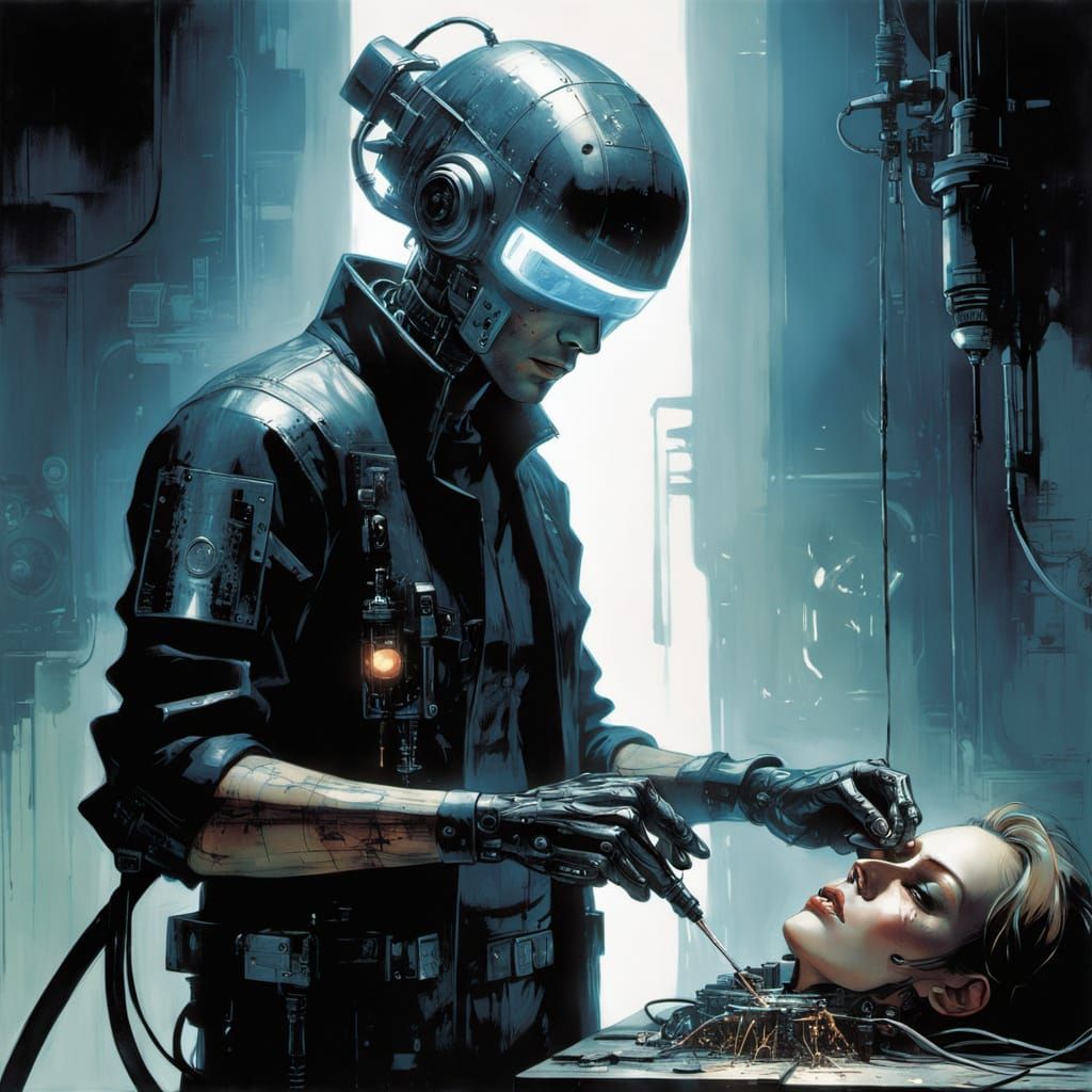 Cyberpunk Android Surgery in a Neon-Lit Repair Shop