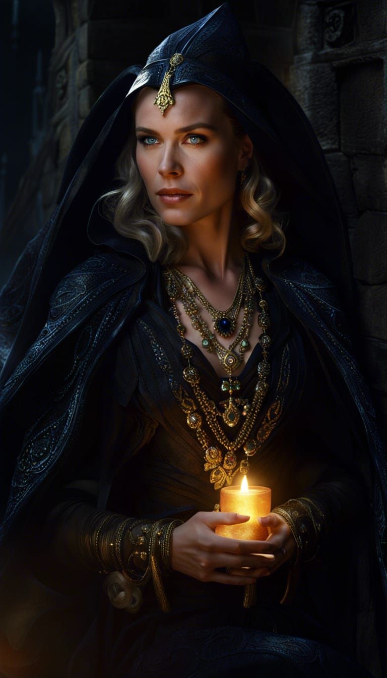 Charming Sorceress in Dark Dungeon: Photorealistic Portrait
