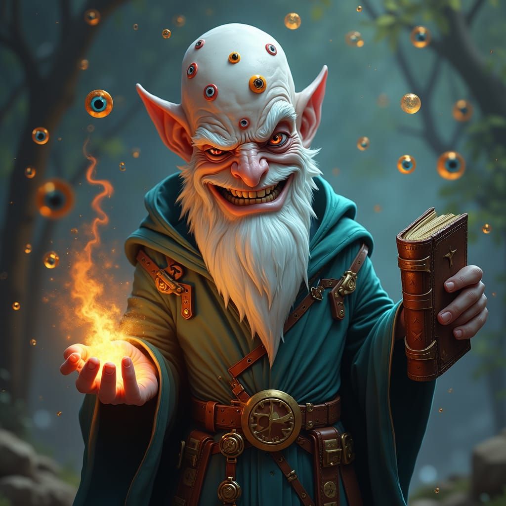 Multi-Eyed Wizard Weaving Spells in Fantasy Art Style
