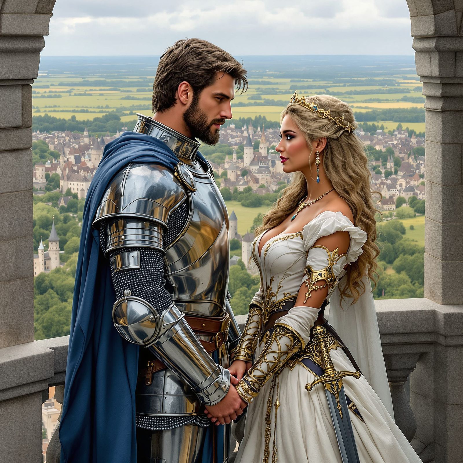 Knight and Queen on Castle Balcony, Regal Devotion