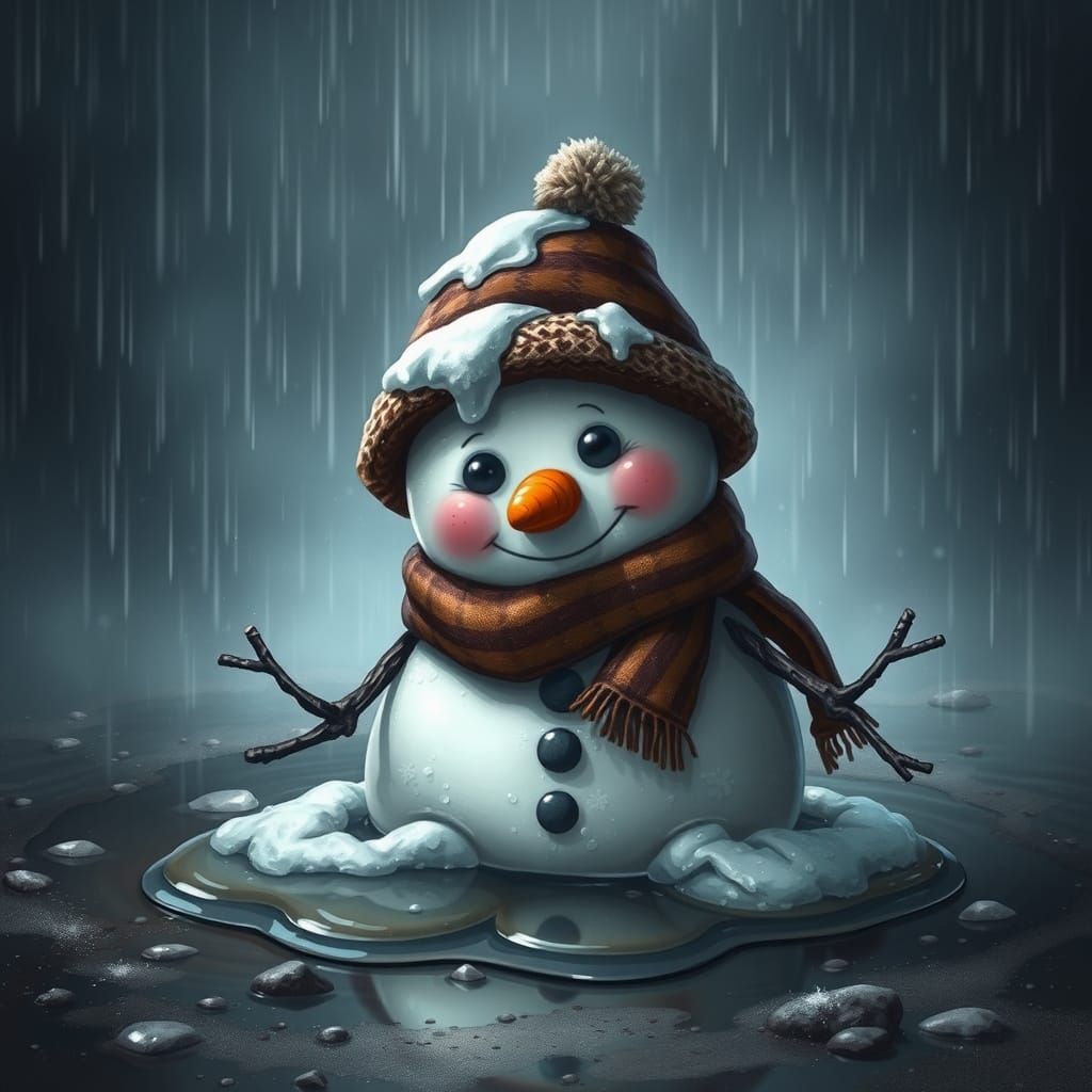 A cute melting snowman situated in a puddle amidst a rainsto...