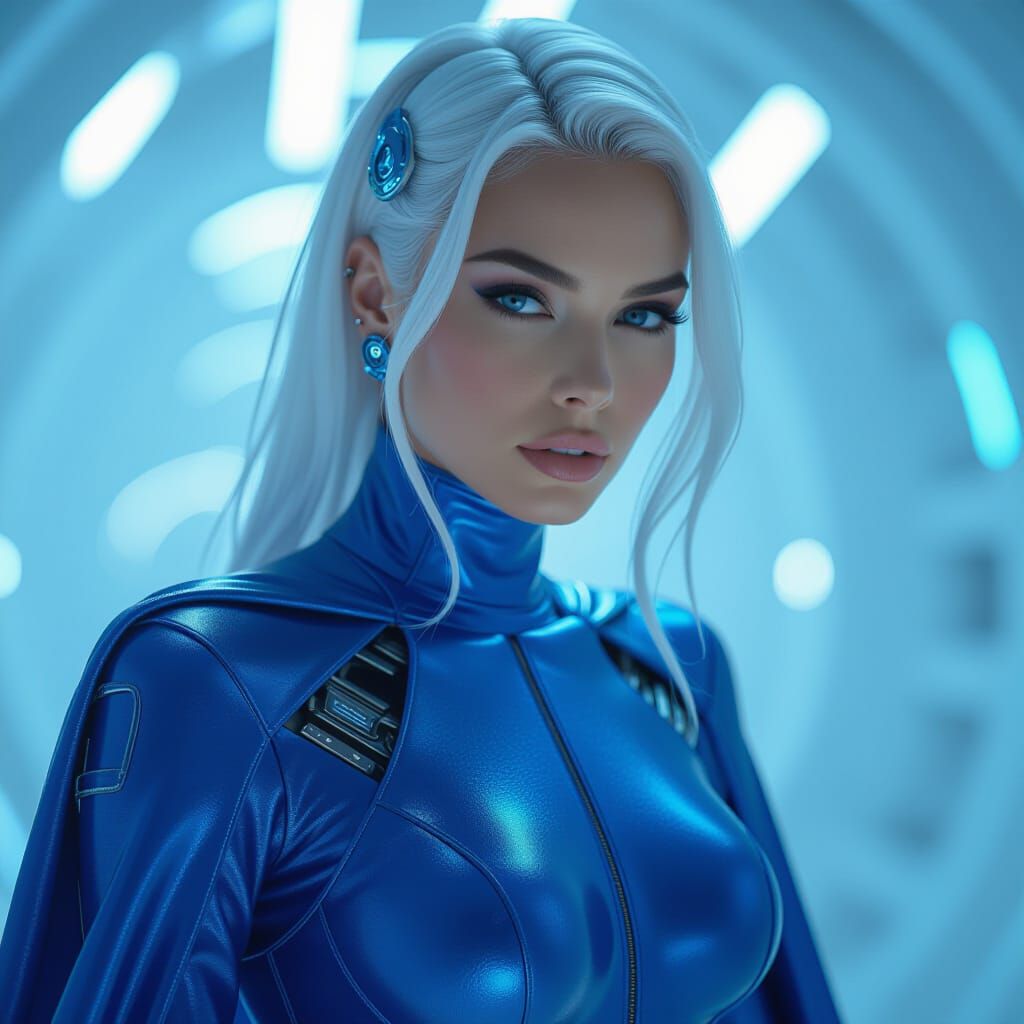 Cybernetic Woman with Flowing Hair in Neon Futurism Style