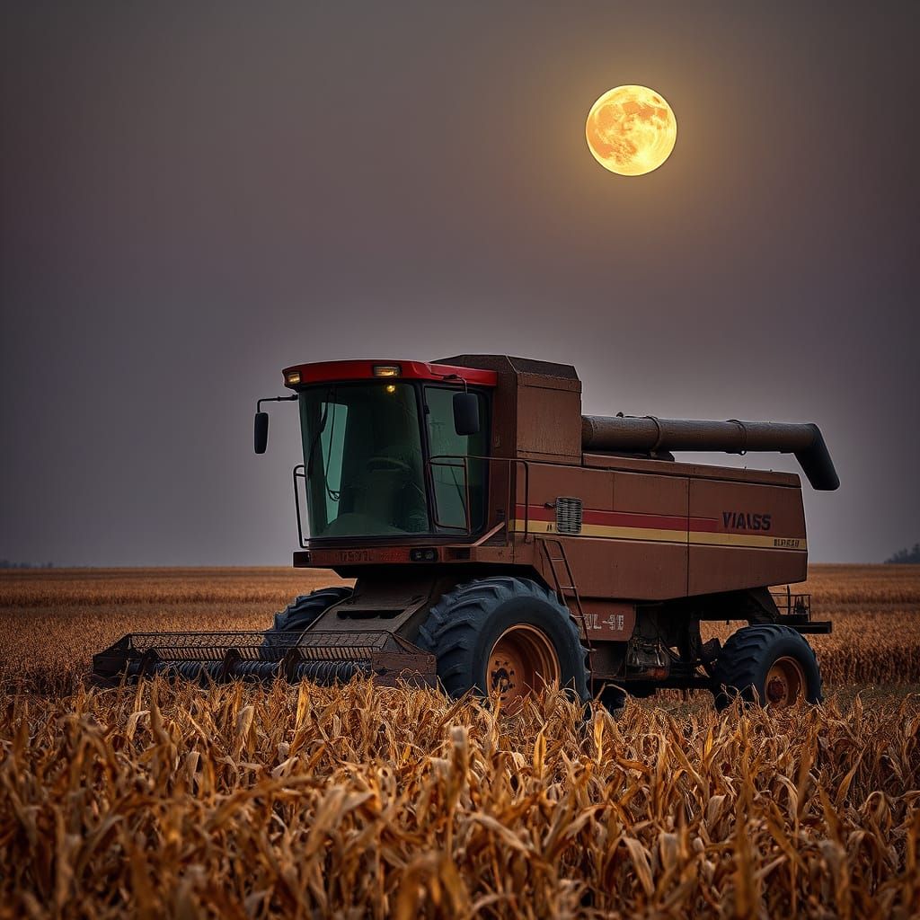 Vintage Combine-Harvester Under Harvest Moon