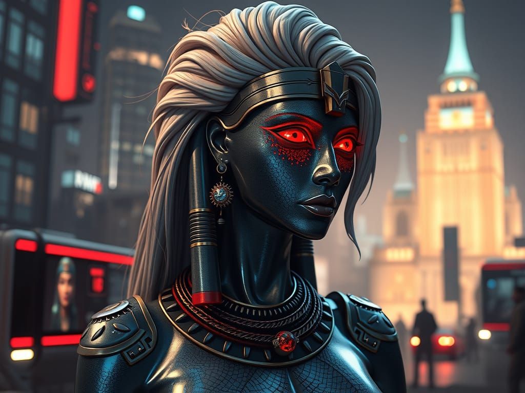 Ancient Egyptian Woman in Futuristic Dystopian Cityscape