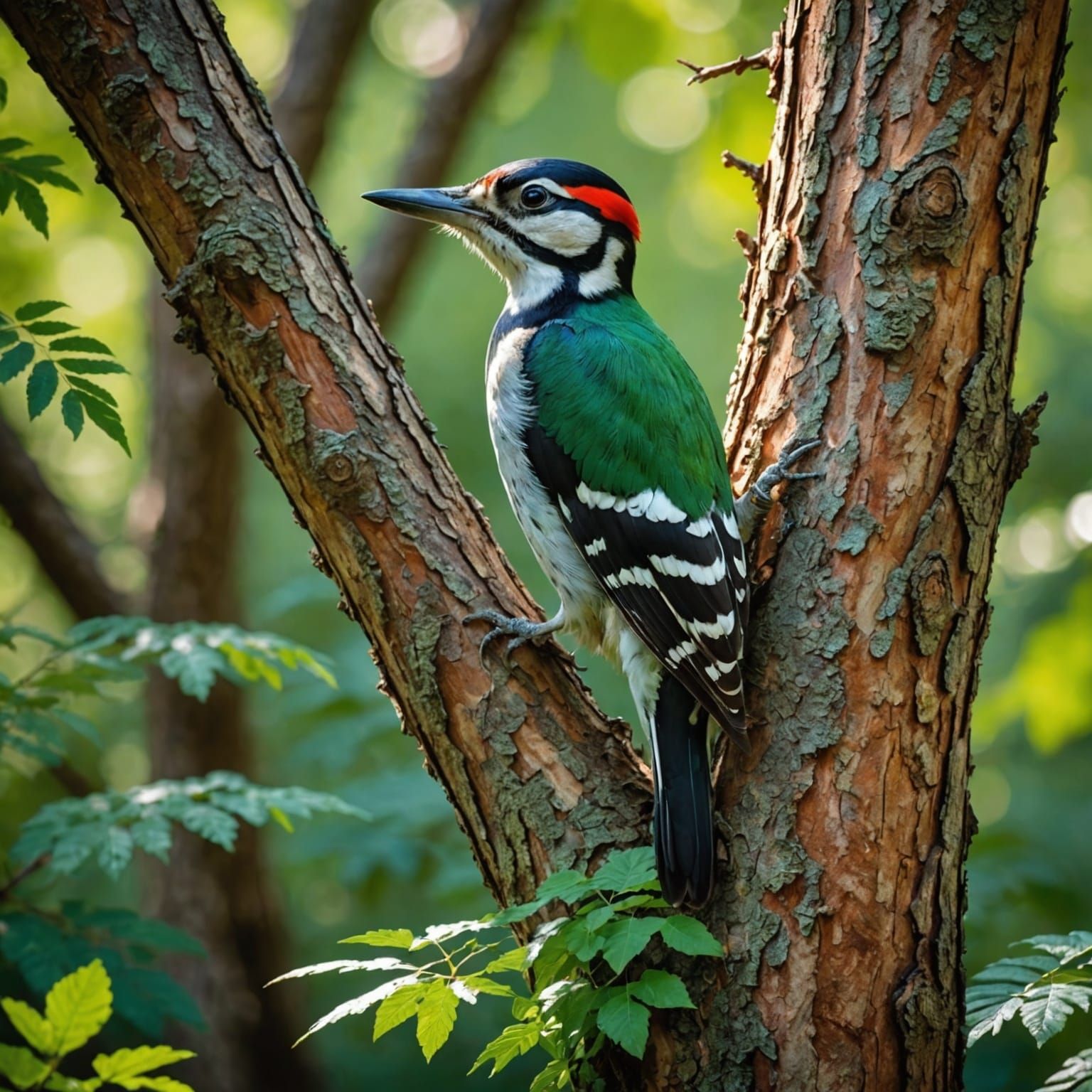 Vibrant Woodpecker Pecking on Tree Trunk
