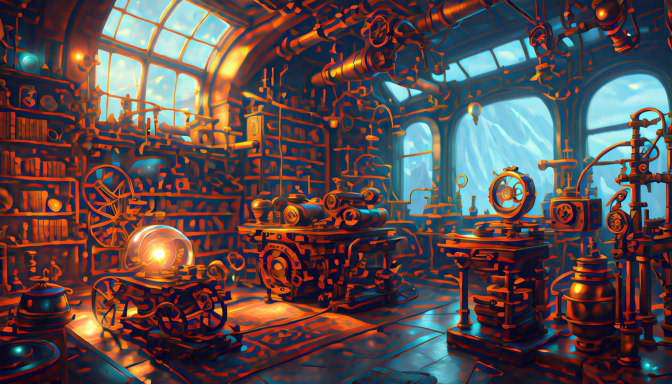 Ethereal Steampunk Laboratory in Oil Painting Style