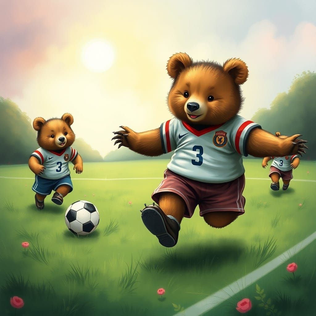 Fantastical Bears Play Soccer in Whimsical Stadium