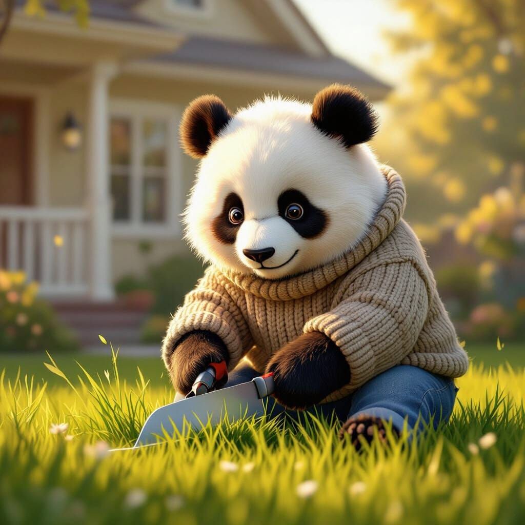 Panda in Sweater Cuts Grass in Suburban Yard