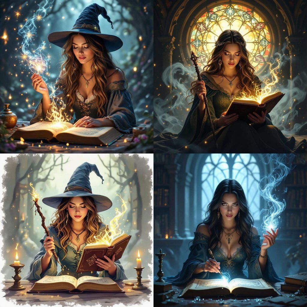 Beautiful Sorceress Casting Spell from Magical Book