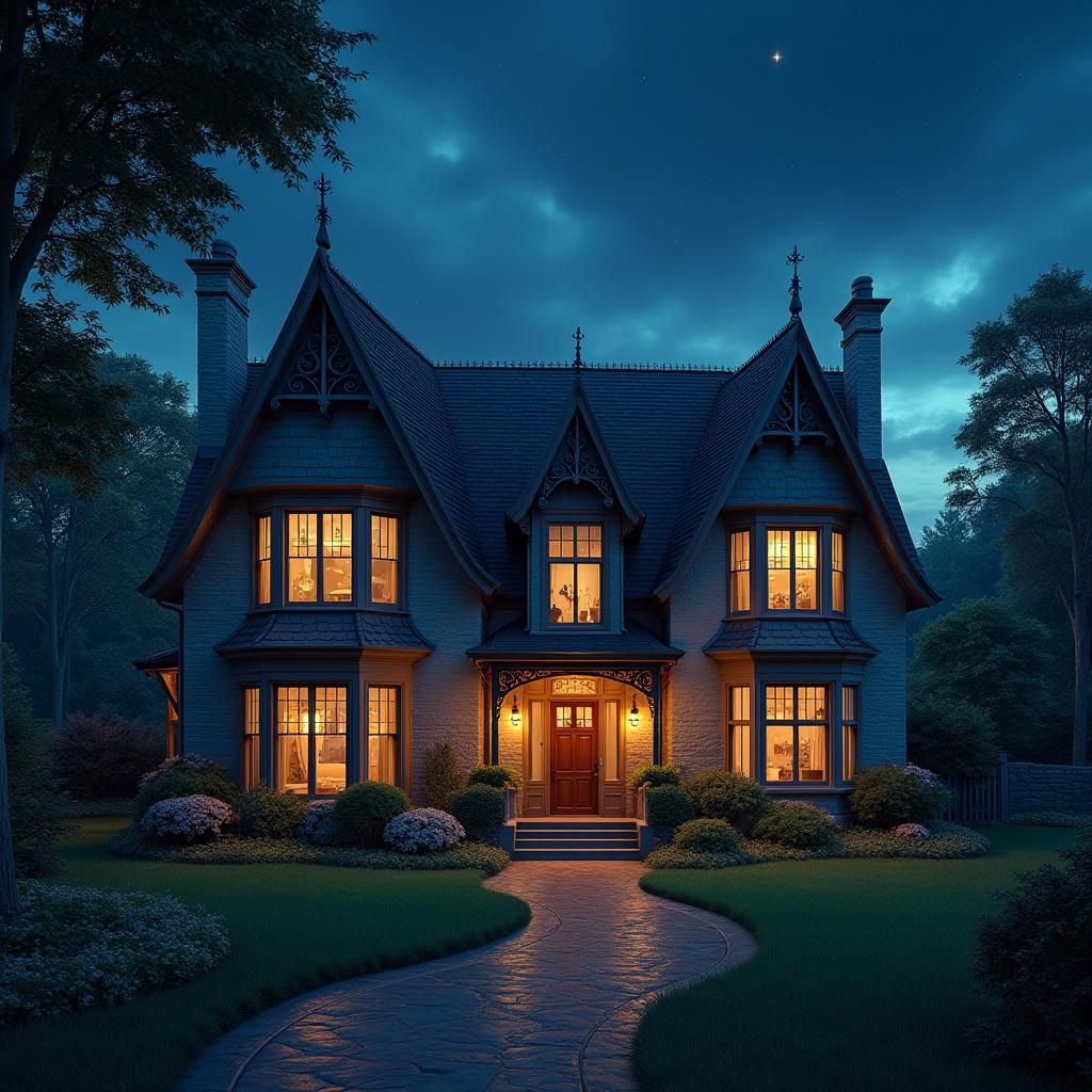 Cozy Suburban Home Under Starry Sky, Matte Painting