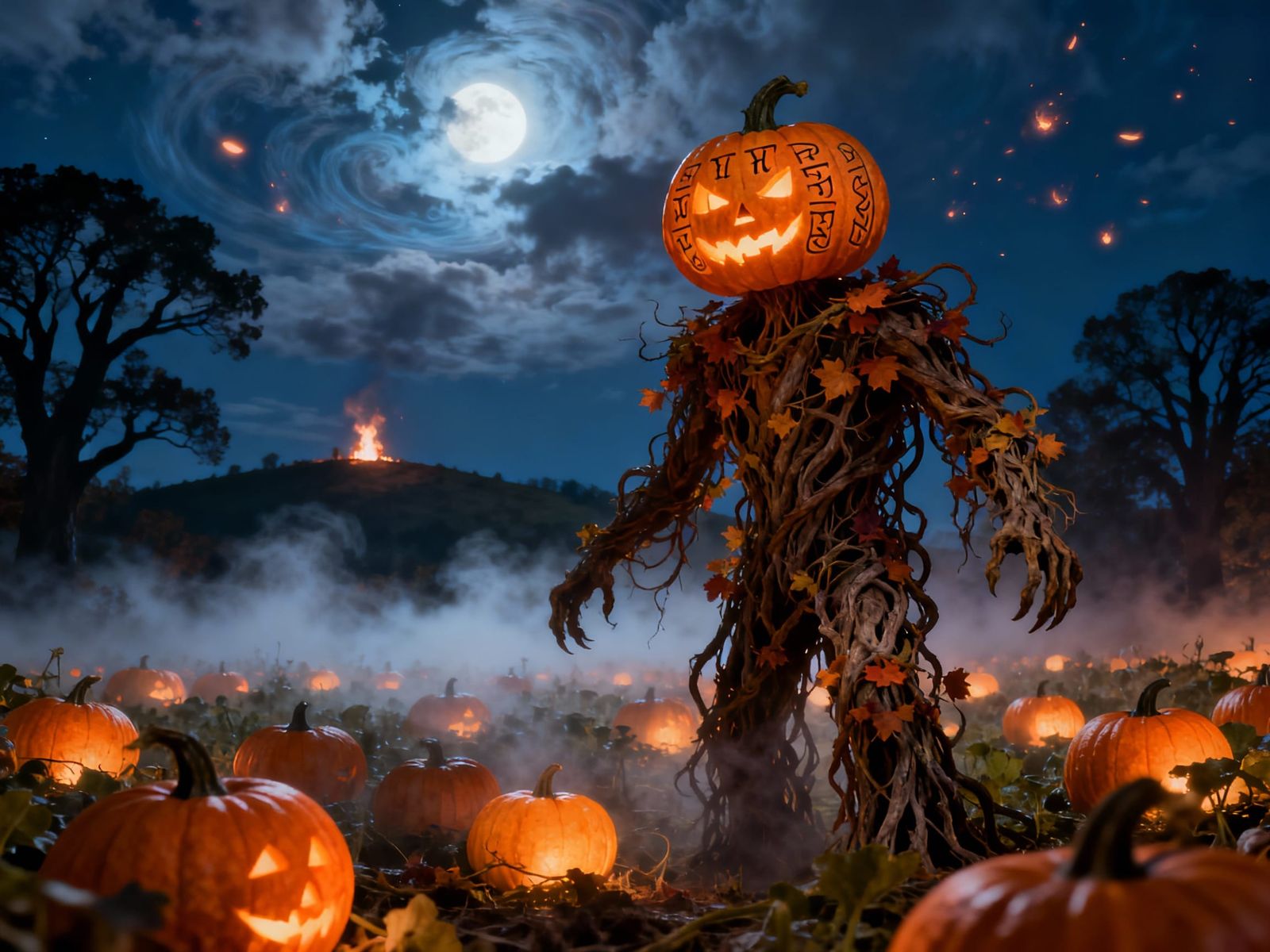 Samhain Spirit in Moonlit Pumpkin Patch