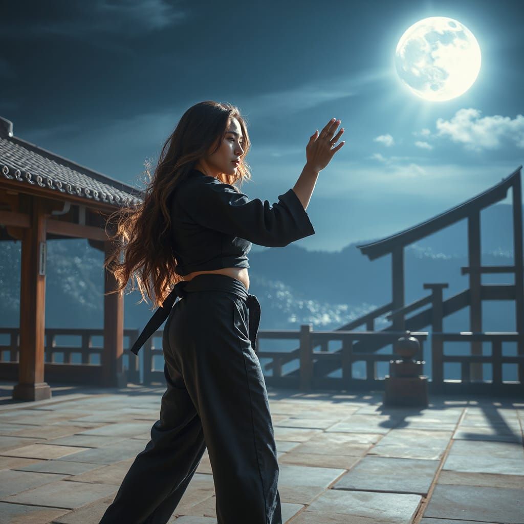 Karateka Kata Under Moonlight: Mystical Digital Painting