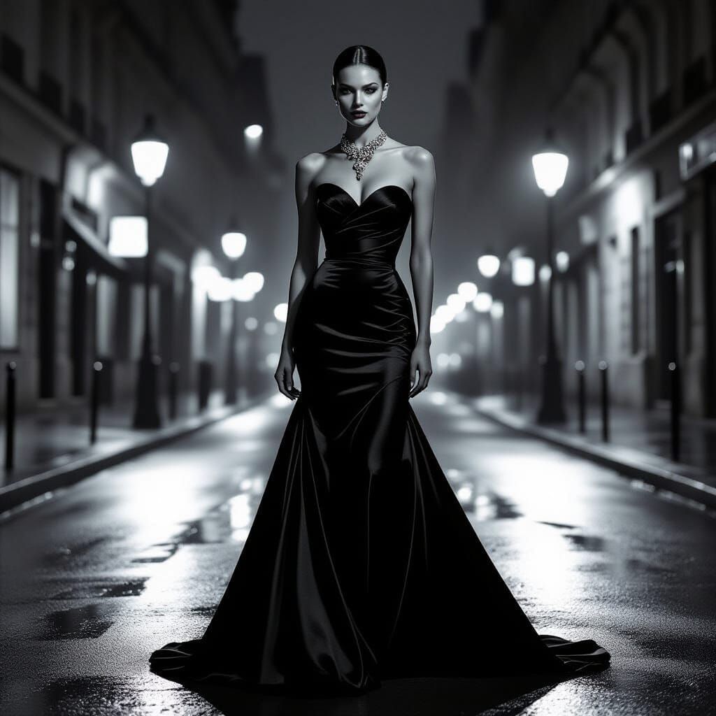Model in Avant-Garde Gown on Rainy Paris Street at Midnight