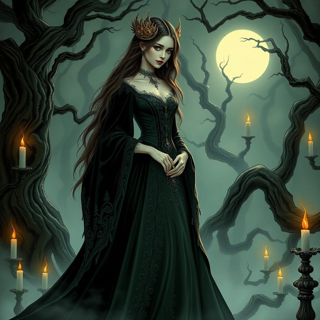 Mystical Woman in Moonlit Forest