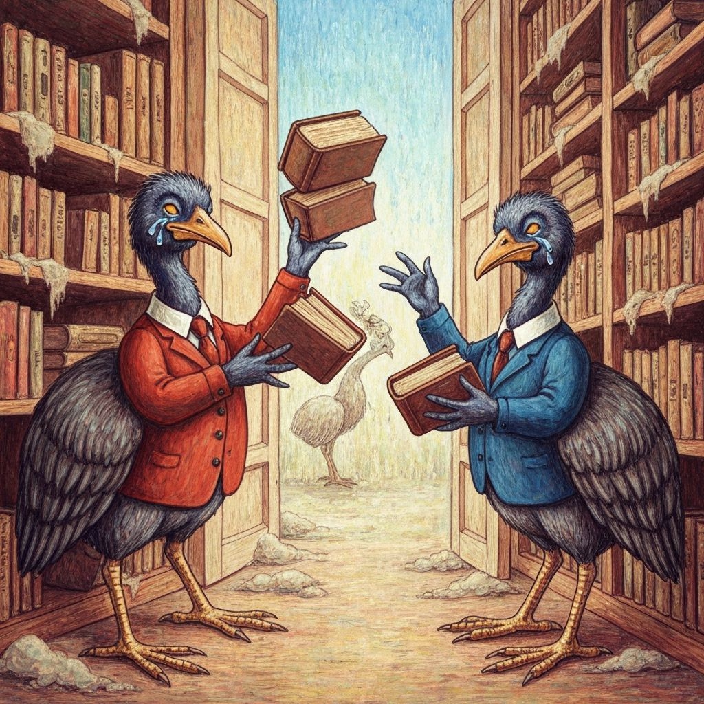 Emus Juggling Books in Library, Potter Style