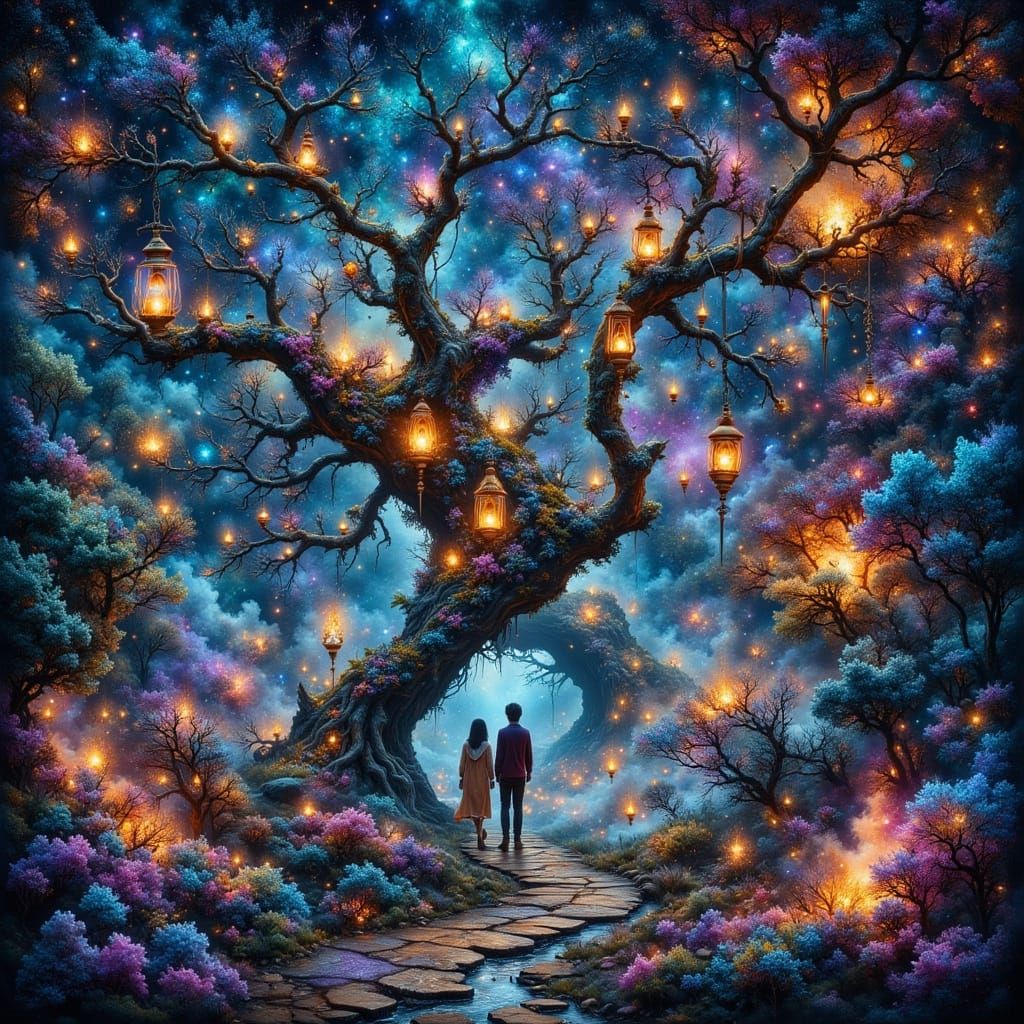 Mystical Realm: Twisted Trees with Glowing Lanterns