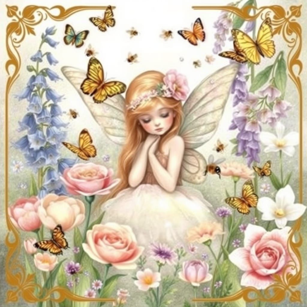 Whimsy butterflies and bees bluebell rose peony foxglove wisteria tulip violet orchid flowers fae watercolour art corner...