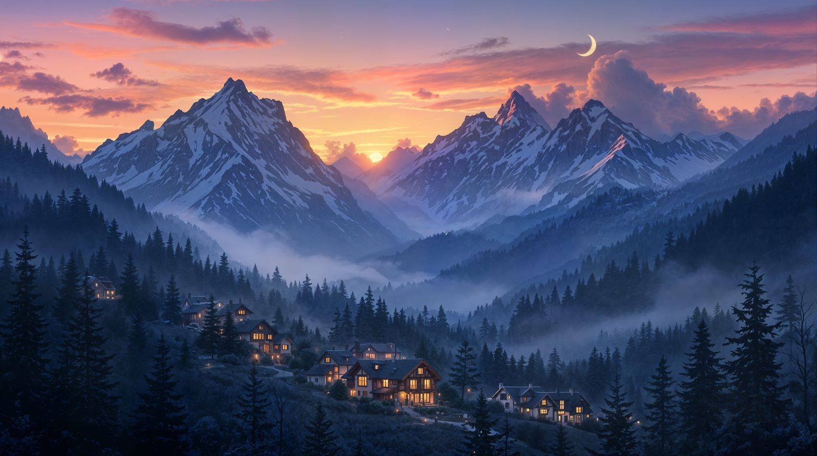 Peaceful Mountain Village at Twilight in Hyperrealist Style