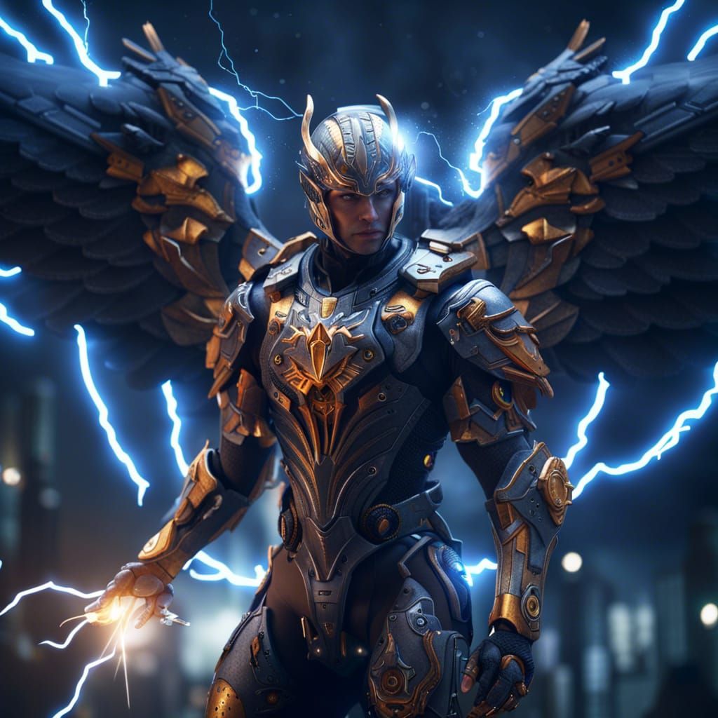 Cybernetic Angel Unleashes Lightning, Digital Art