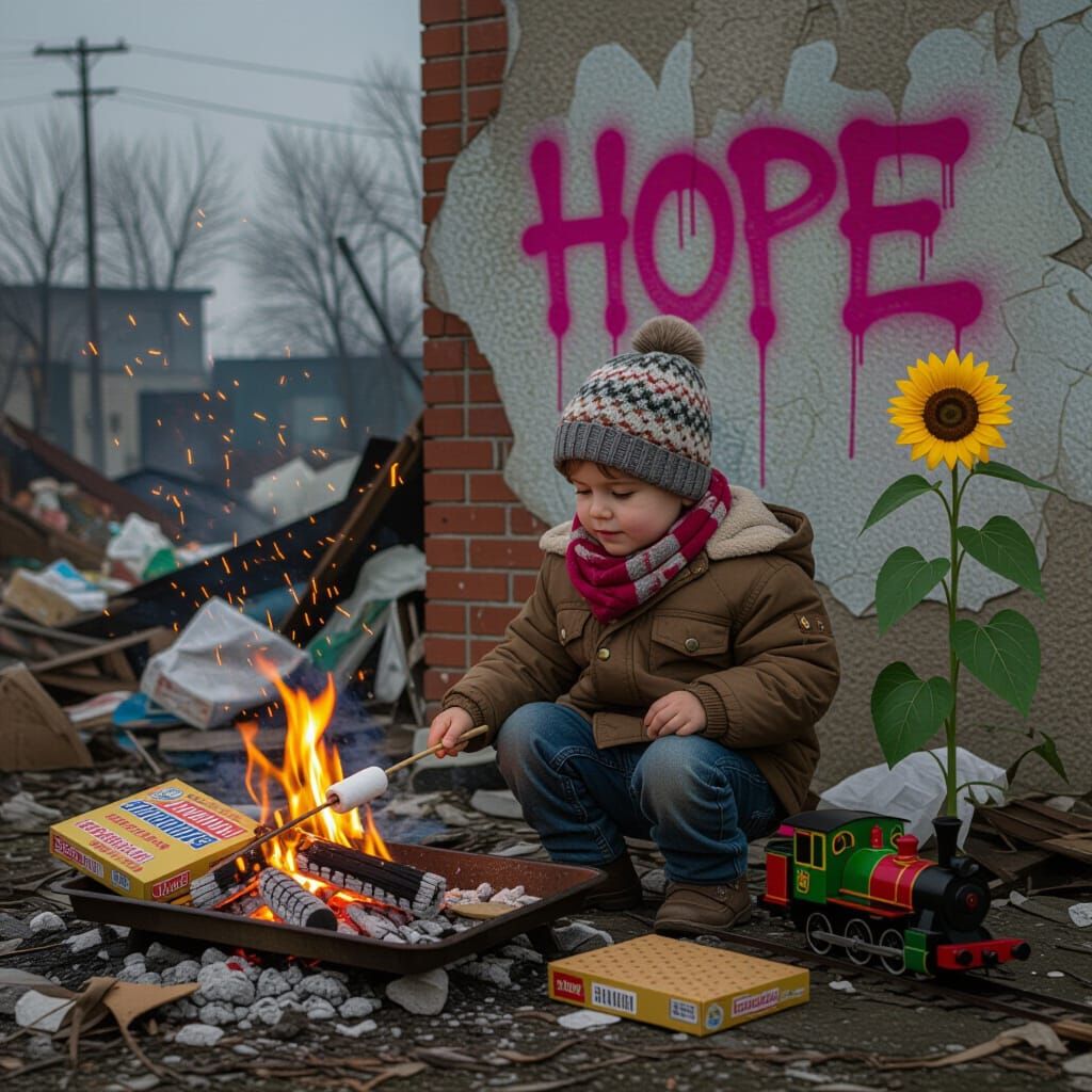 Child Roasting Marshmallow Amidst Ruins with Graffiti