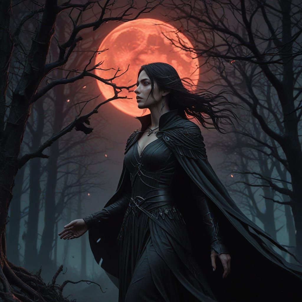 Mystical Sorceress Under Crimson Moonlight