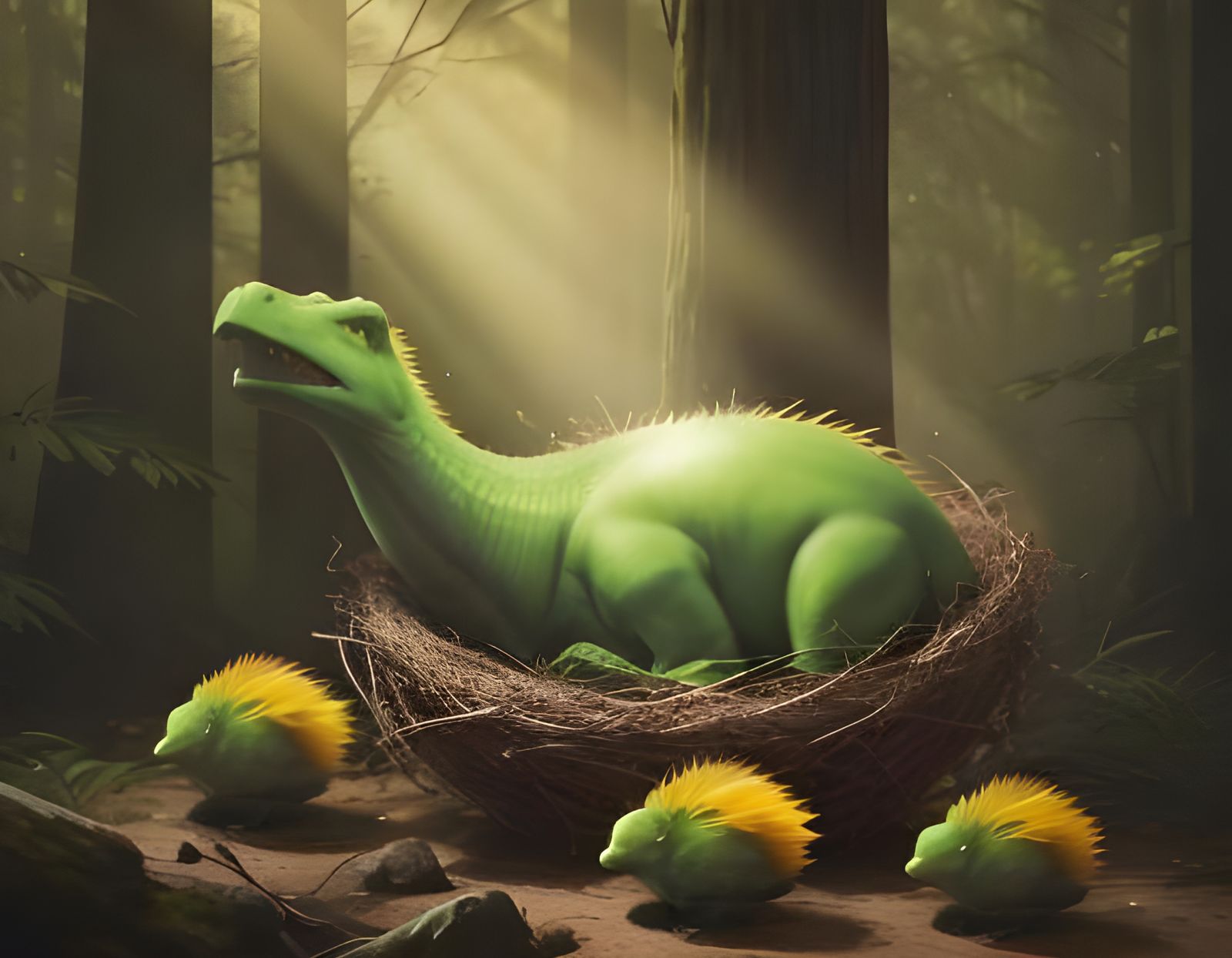 Mother Dinosaur on Nest with Hatchlings