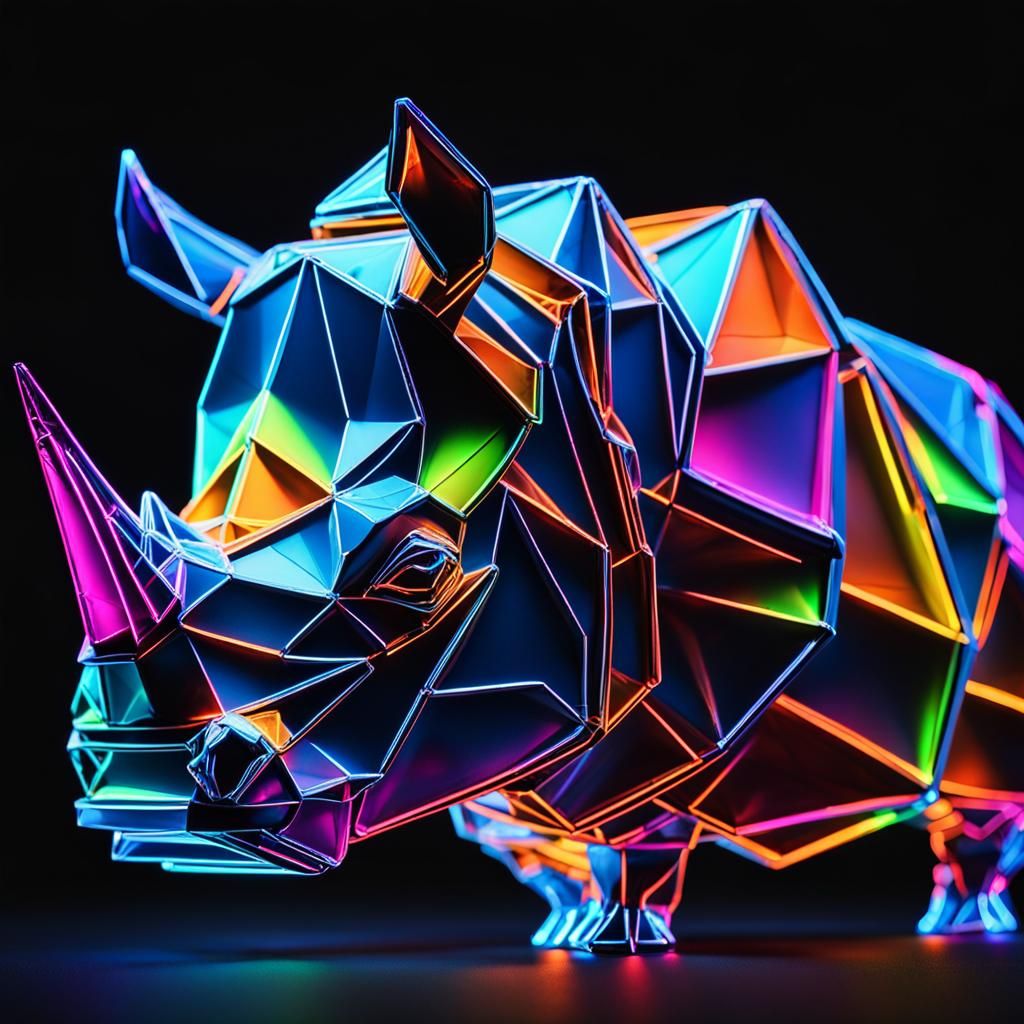Neon Origami Glass Rhinoceros in Cyberpunk Style