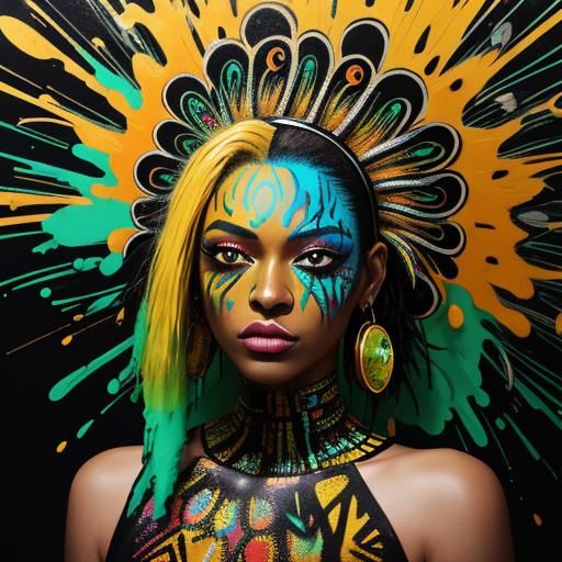 Graffiti Art: Woman with Gold Skin and Peacock Feathers