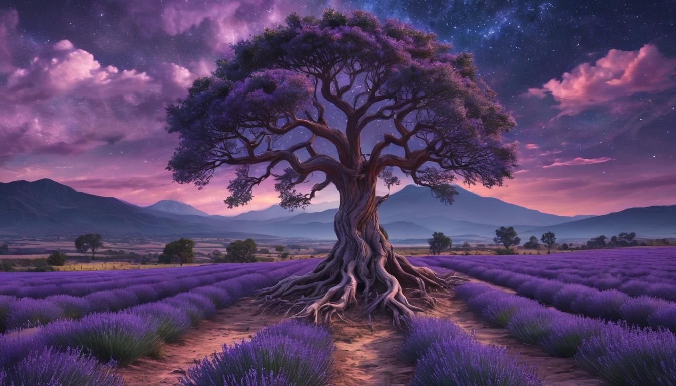Magical Lavender Tree under Starry Sky in Academic Style