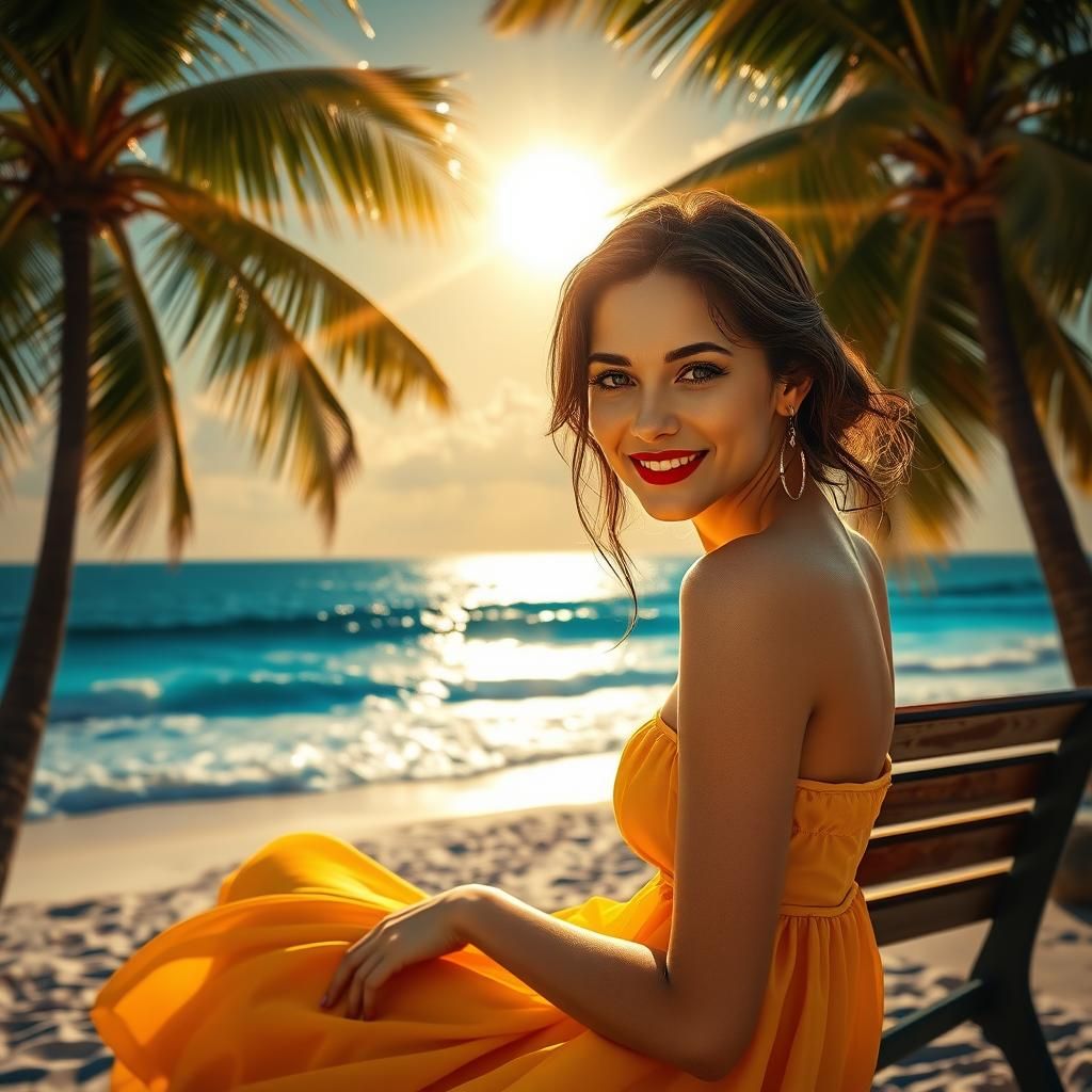 Sunrise Beach Woman: Detailed Matte Painting