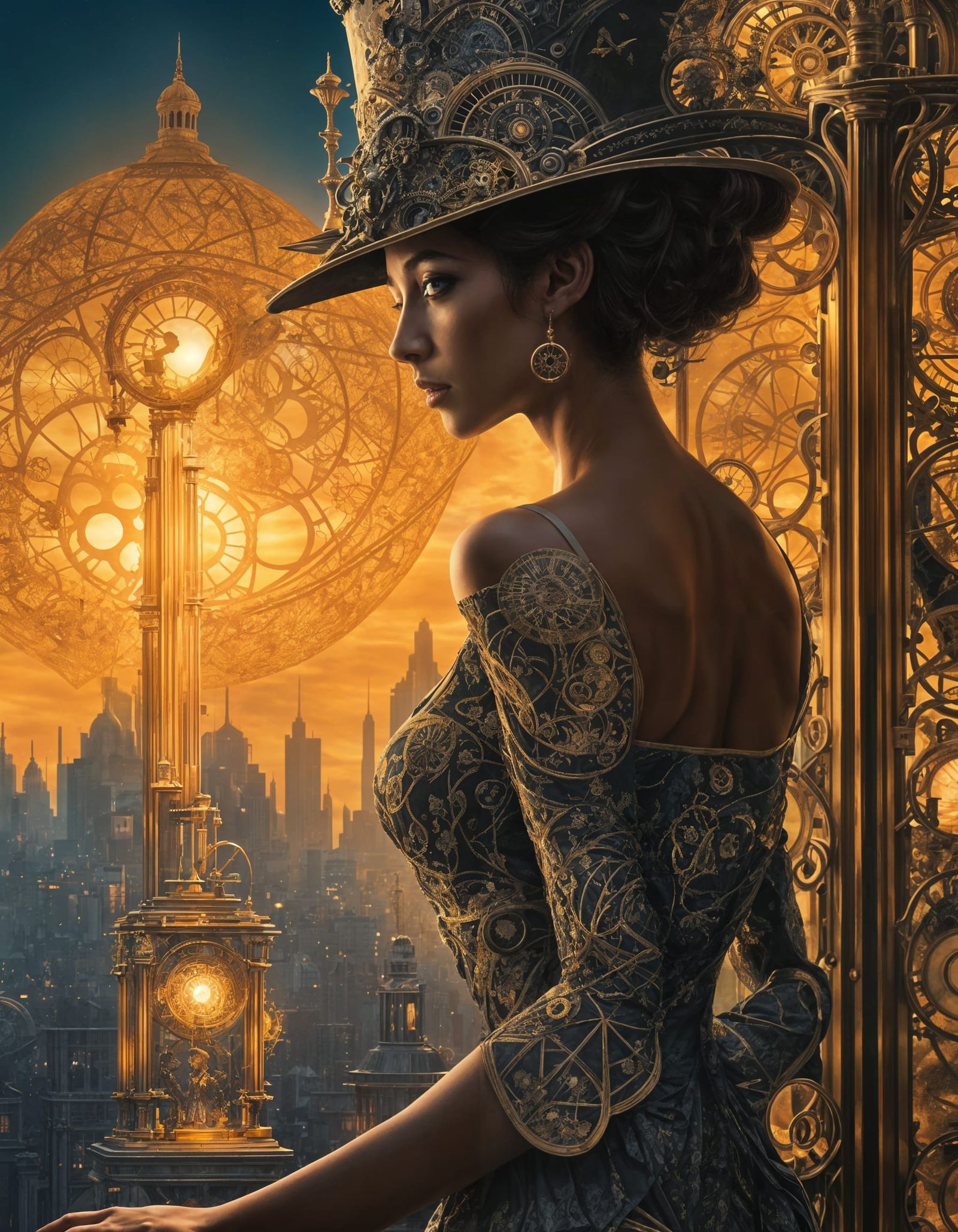Steampunk Silhouetted Woman in a Glimmering Nighttime Metrop...