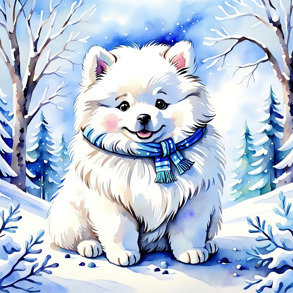 Samoyed Puppy in Whimsical Watercolor Winter Wonderland