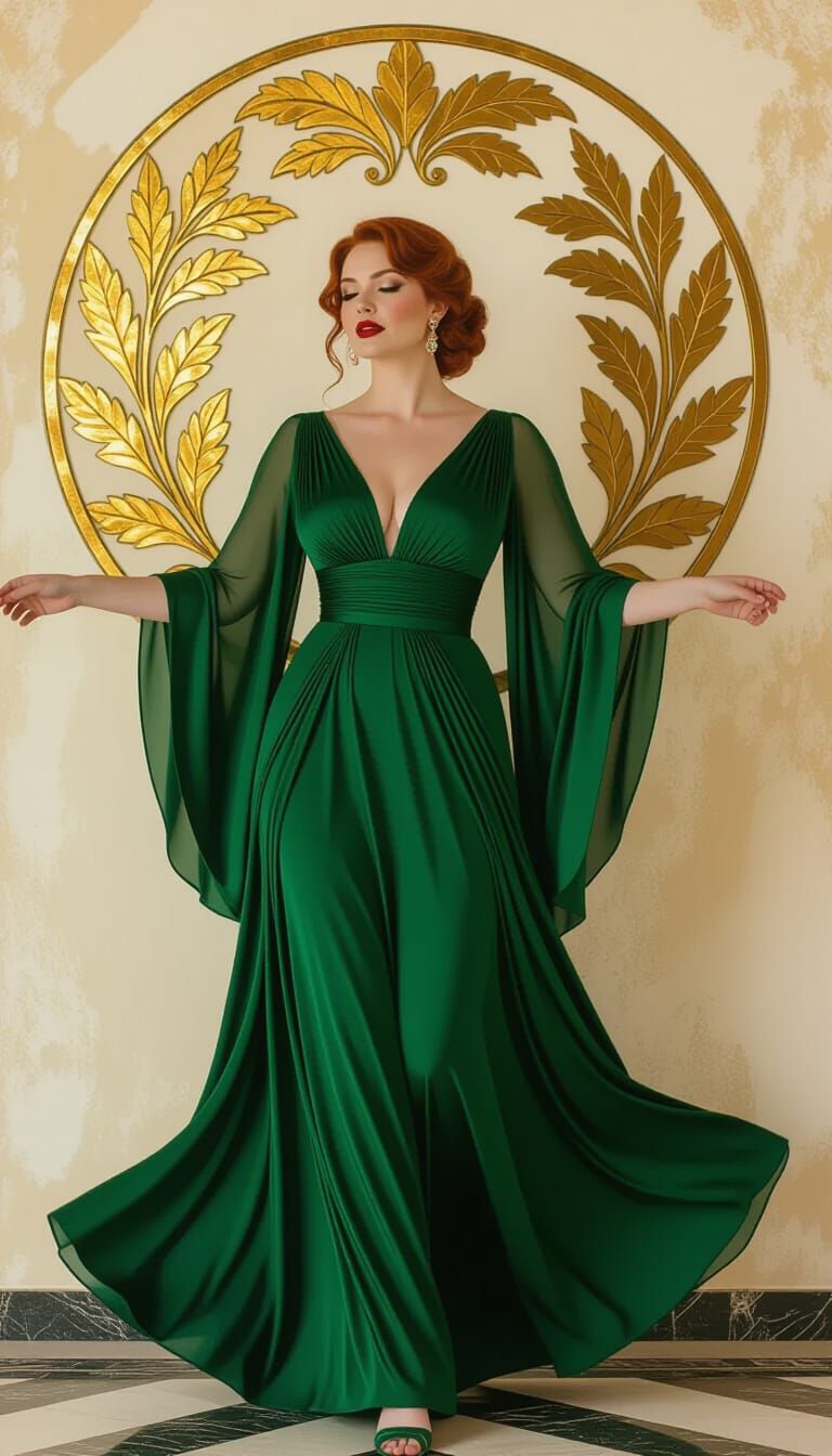 Floating Woman in Emerald Gown, Art Nouveau Style