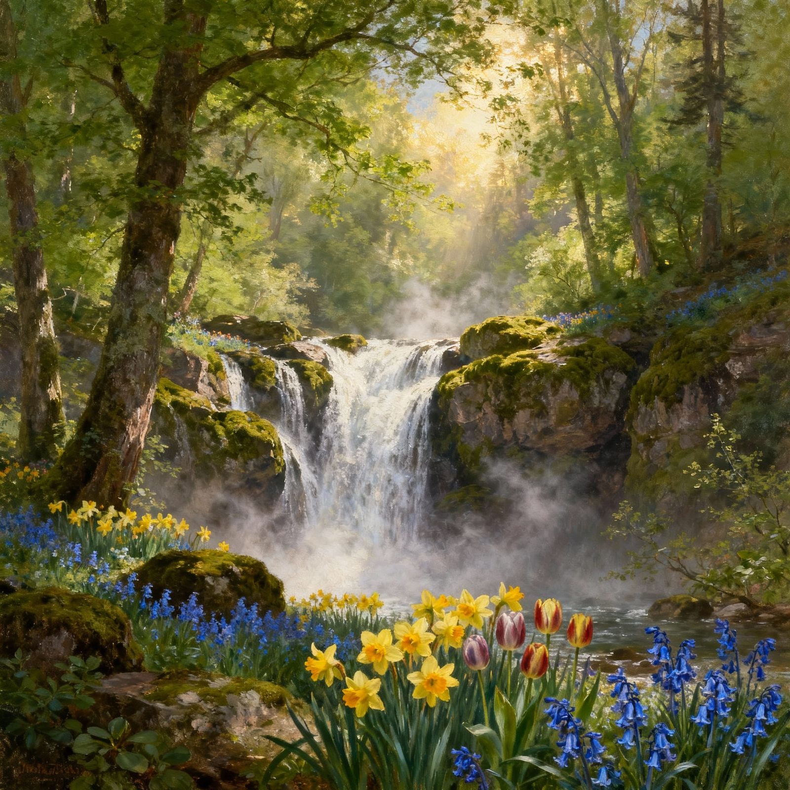Majestic Waterfall Scene with Spring Flowers