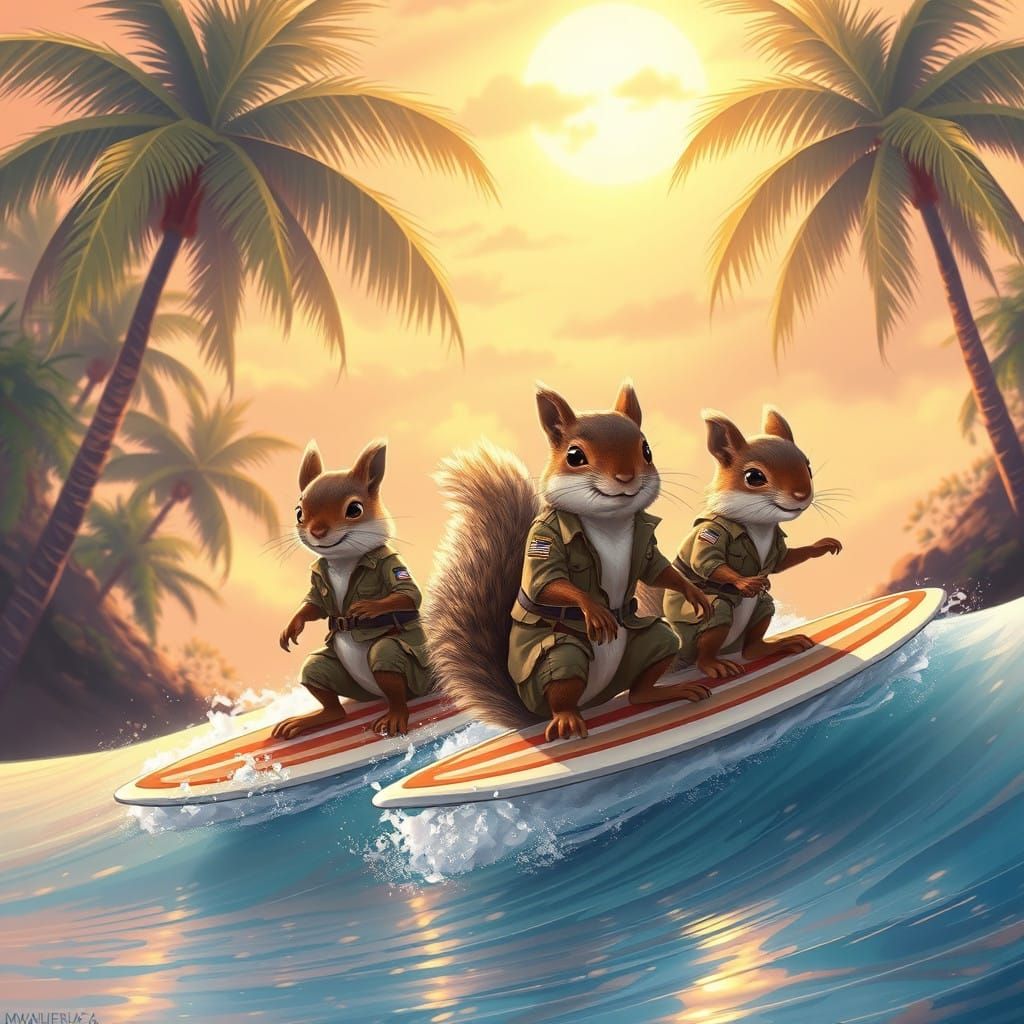 Surreal Anime Surf Scene with Intricately Woven Military Fat...