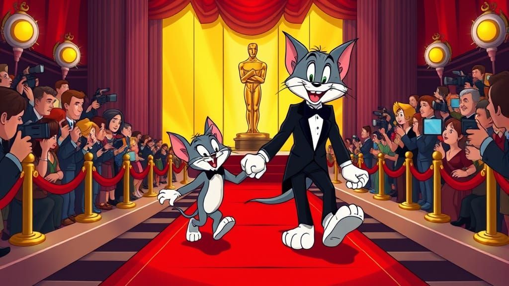 Tom and Jerry on the Red Carpet in Whimsical Cartoon Style
