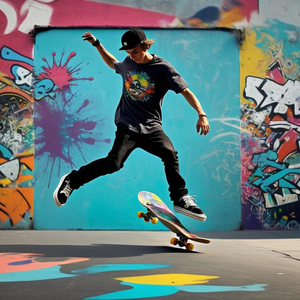 Skateboarder Mid-Kickflip in Dynamic Splash Art