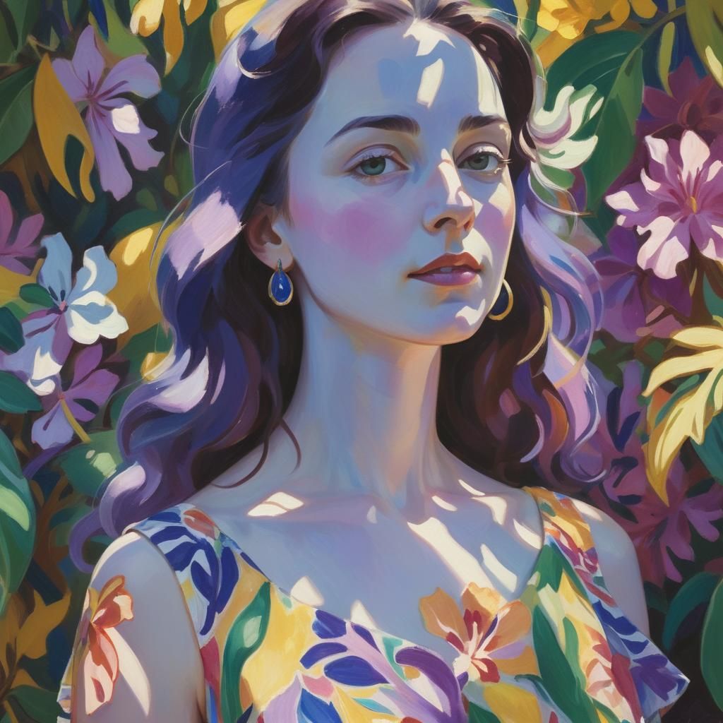 Woman Surrounded by Exotic Florals in Fauvist Style