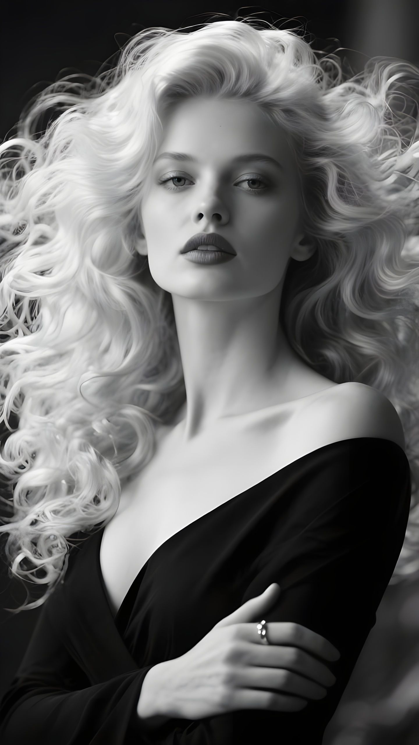 Hyper-Realistic Woman with Platinum Blonde Curls in Black & ...