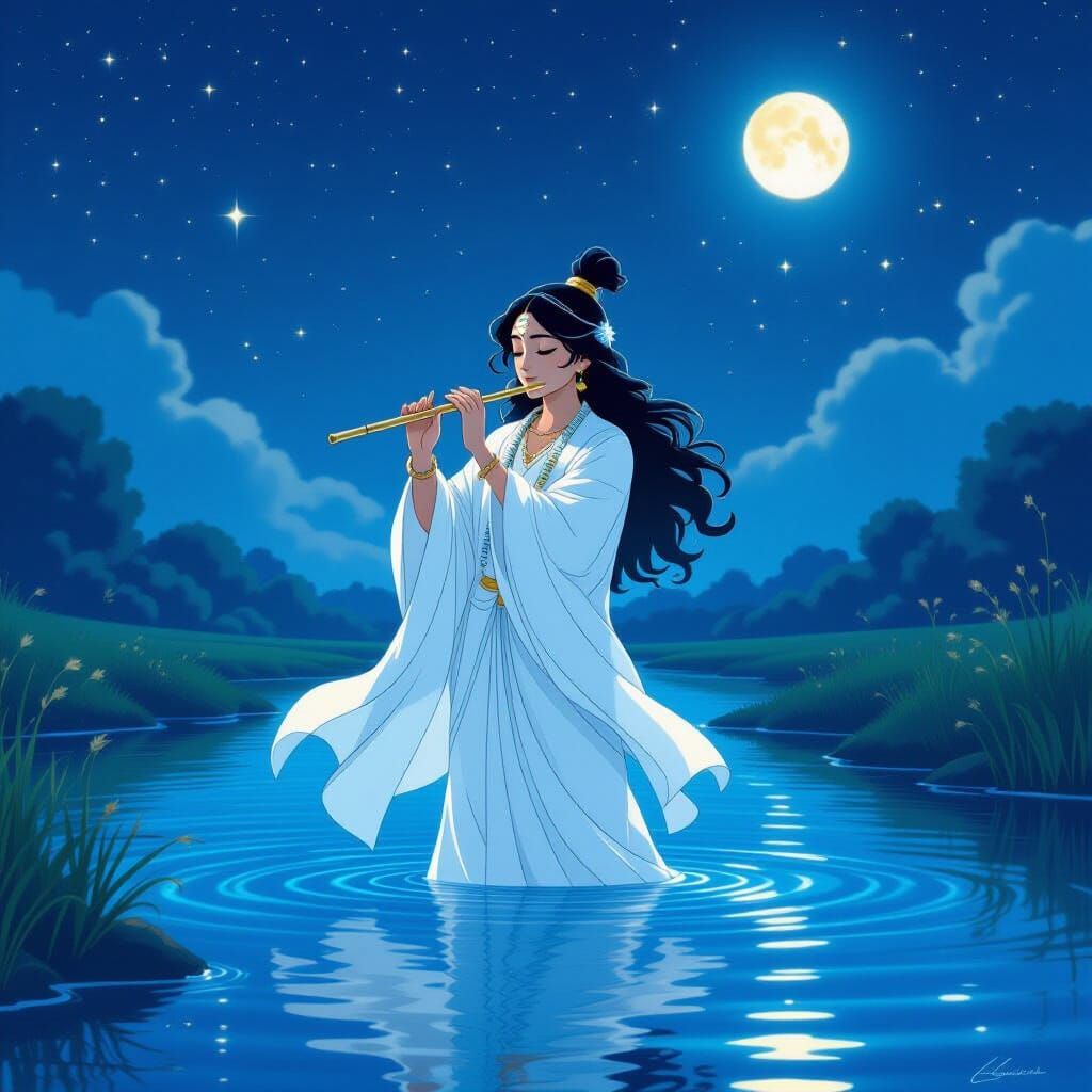 Krishna in Ghibli Style Spiritual Night Scene