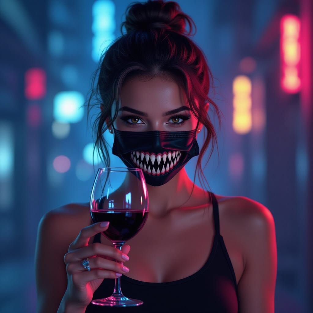 Girl with Mask and Wineglass in Dark Futurism Style