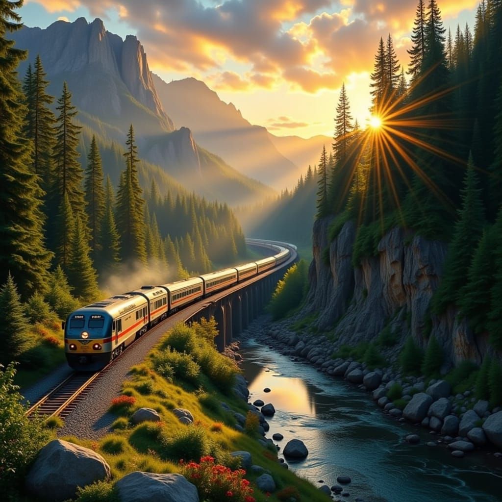 Amtrak Train at Sunset: A Bierstadt-Style Landscape