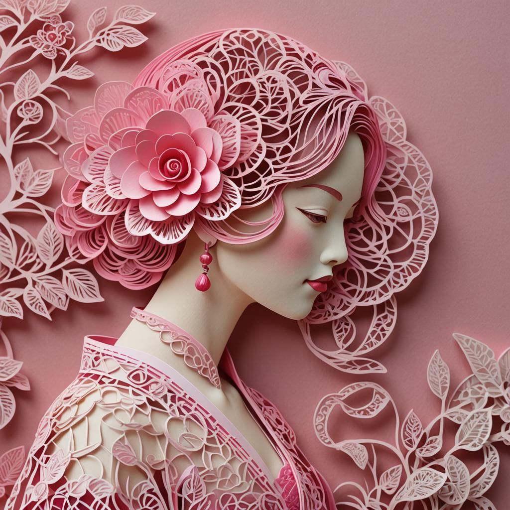 Intricate Kirigami: Japanese Woman with Camellia