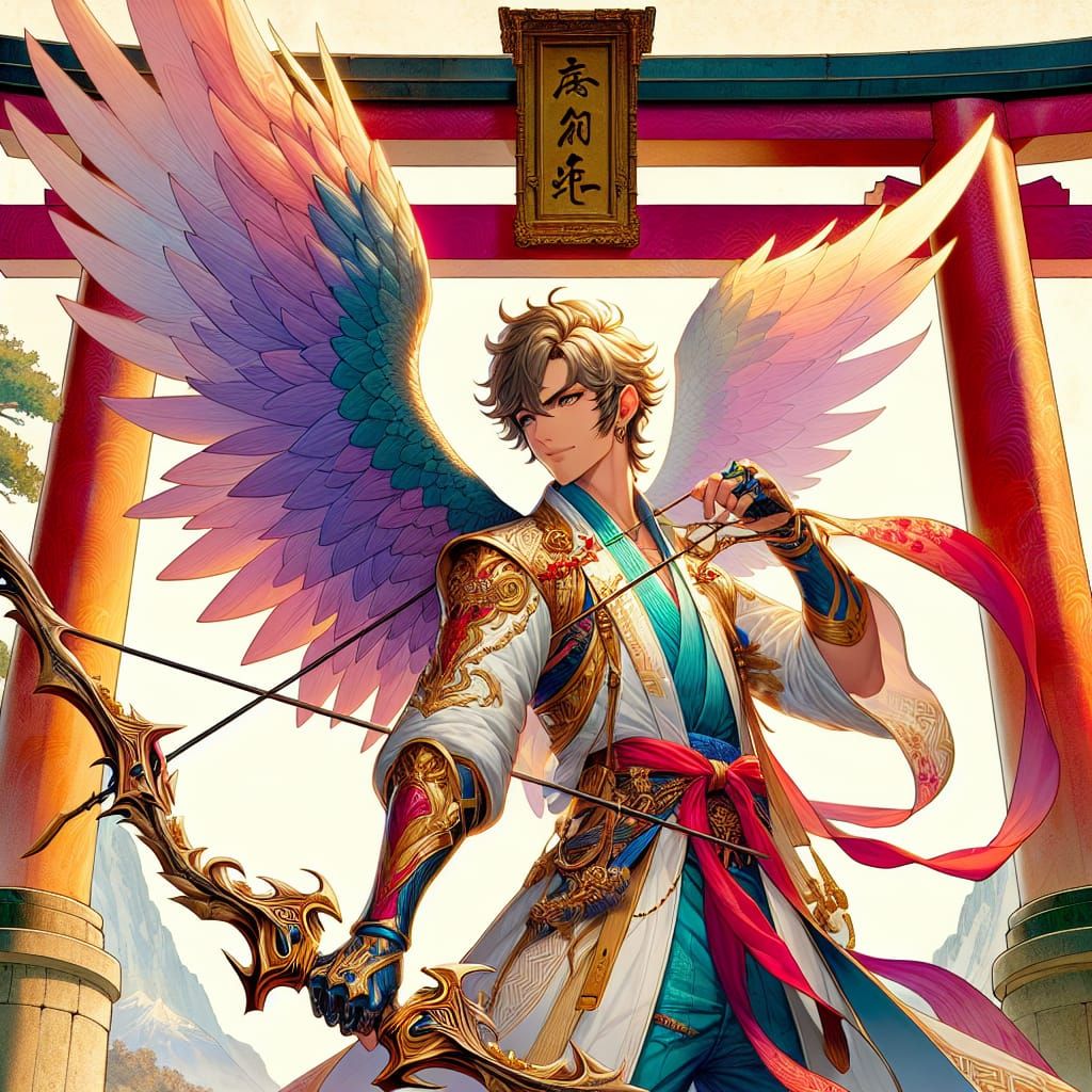 Fantasy Battle Angel Near Torii Gate in Anime Style