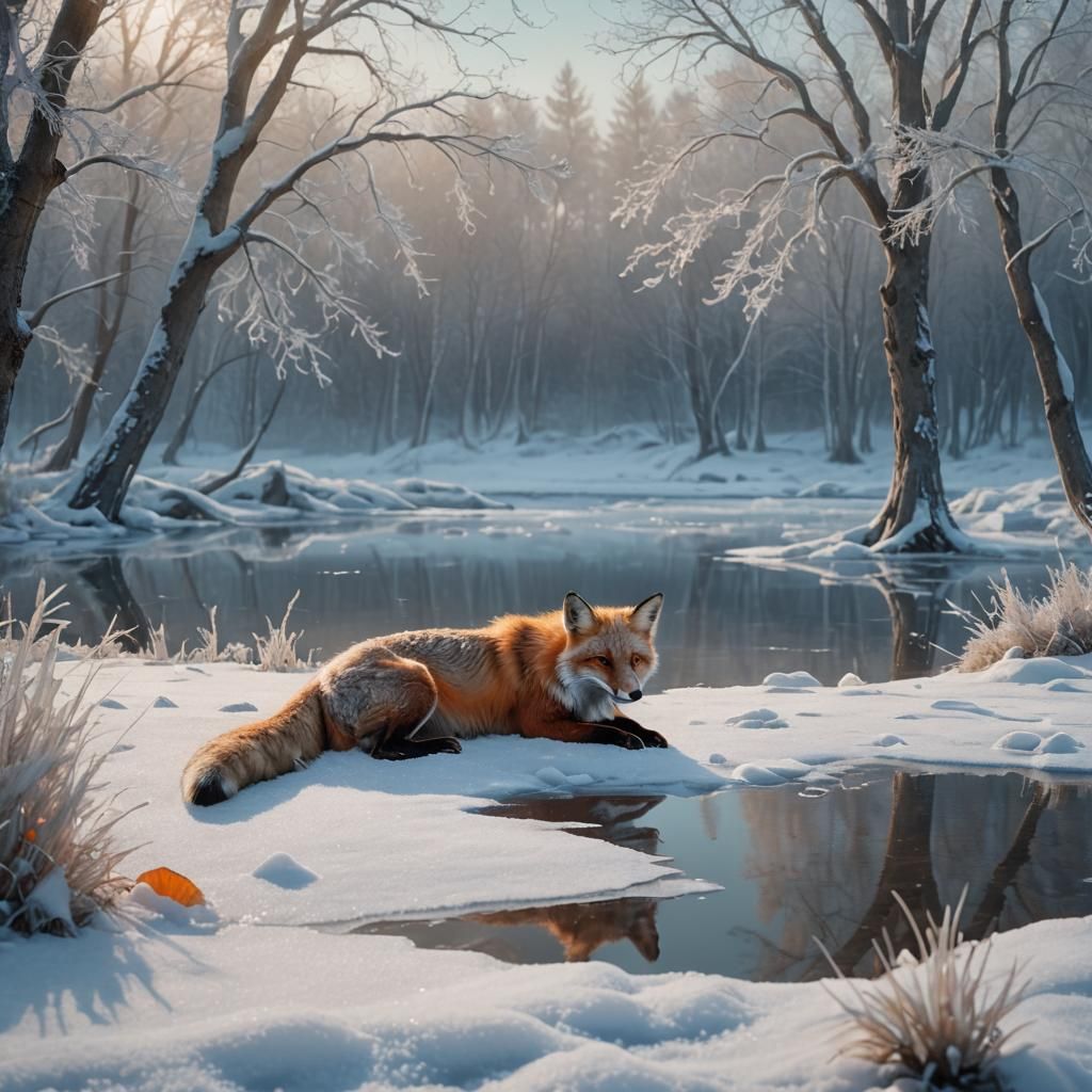 Wounded Fox on Frozen Lake, Digital Matte Painting