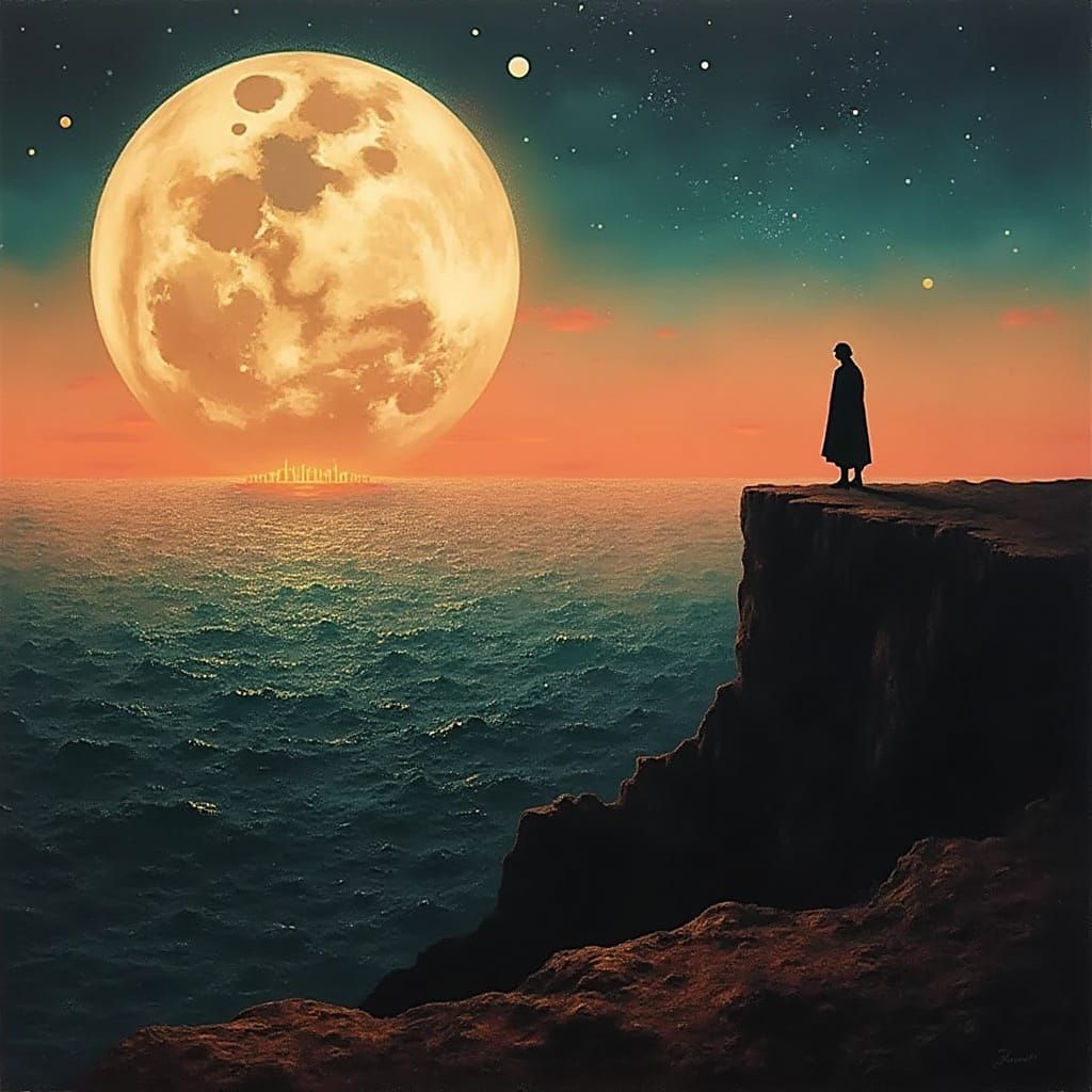 Surreal Figure Gazes at Giant Moon Over City